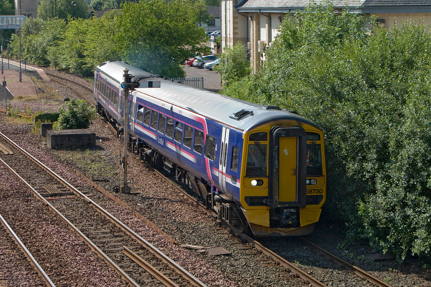 158730, SR 11.17 Dunblane-Dunblane ecs (5P36), Dunblane station 
 Having just terminated after arrival from Edinburgh Waverley, 158730 leaves Dunblane station making the first part of its ecs reversal back into the station. It even has a reporting number 5P36! 
 Keywords: 158730 11.17 Dunblane-Dunblane ecs 5P36 Dunblane station ScotRail Empty coaching stock Super Sprinter