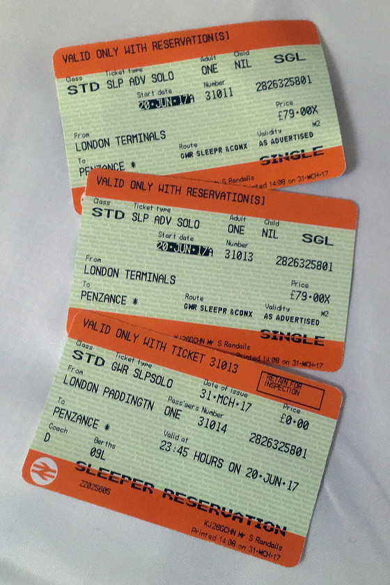 Tickets, London Paddington-Penzance 
 The tickets and reservation for the sleeper journey to Penzance. Advanced fares are strange things, sometimes overpriced but not these, 160 for the two of us in our own adjoining first class cabins is extraordinary value, this has to be one of the best kept secrets on the network?