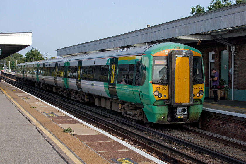 377106, SN 16.32 Brighton-Southampton (1N24, 2L), Barnham station 
 Following disruption an hour or so earlier in the afternoon caused by signalling issues things appear to be getting back to normal at Barnham. The 16.32 Brighton to Southampton Southern service worked by 377106 pauses on its journey along the south coast arriving at its destination just a couple of minutes adrift. 
 Keywords: 377106 16.32 Brighton-Southampton 1N24 Barnham station Southern Electrostar