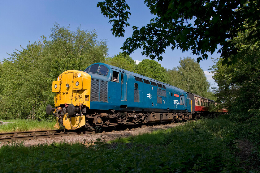 37324, 14.50 Peterborough NV-Wansford (1M51), Ferry Meadows TL153970 
 In my previous ramblings, two photographs ago, I stated that the restoration of 37324 'Clydebridge' did not include the well recognised Scottish Region dog adorning the side. However, not clear in that photograph was that the Motherwell Depot leaping salmon motif had been applied instead with it being clear to see in this view. The locomotive approaches Ferry Meadows station leading the Nene Valley Railway's diesel gala 14.50 Peterborough to Wansford service. 
 Keywords: 37324 14.50 Peterborough Nene Valley-Wansford 1M51 Ferry Meadows TL153970 Clydebridge