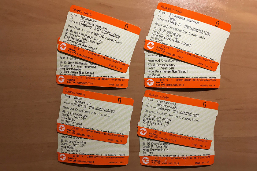 Tickets, Northampton-Knaresborough 
 As usual, I kept costs under control for our single trip to Knaresborough by using split ticketting. I used a new website, as recommended by Rail's Barry Doe, www.traintickets.com and found it quick and easy to use. As usual, on a journey such as this, the saving was substantial, even more so for Mike as he was able to use his railcard. However, one thing that it cannot do is maintain seat reservations when the ticket splits en route often necessitating a change of seats as we had to do on the Voyager when we got to Chesterfield. 
 Keywords: Tickets Northampton Knaresborough