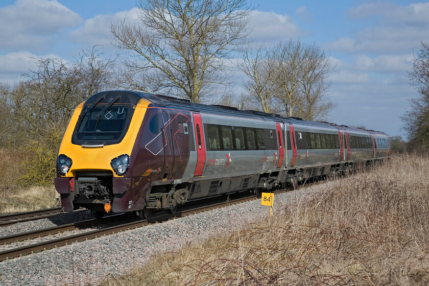 221141, XC 08.27 Manchester Piccadilly-Bournemouth, King's Sutton SP486377 
 Running at a slow line speed due to it following close behind the steam-hauled (5043 'Earl of Mount Edgcumbe') The Marylebone Flyer charter CrossCountry's 221141 approaches King's Sutton with the 08.27 Manchester to Bournemouth service. A few miles south of this location at Aynho Junction, the charter would head southeast towards London leaving the Voyager to pick up speed again as it continues south towards Oxford. 
 Keywords: 221141 08.27 Manchester Piccadilly-Bournemouth King's Sutton SP486377 CrossCountry Voyager