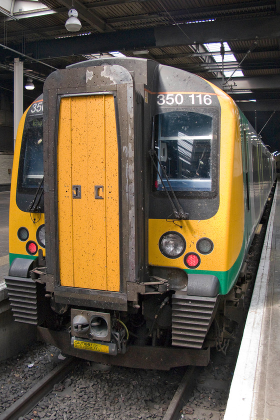 350116, LM 13.49 London Euston-Birmingham New Street (1W15), London Euston station 
 Our train home from London to Northampton sits at Euston station's odd double-faced platform seventeen. This is a single-track platform with two faces as seen either side of the London Midland Desiro. 350116 is at the rear of the 13.49 to Birmingham New Street. 
 Keywords: 350116 13.49 London Euston-Birmingham New Street 1W15 London Euston station London Midland Railway Desiro