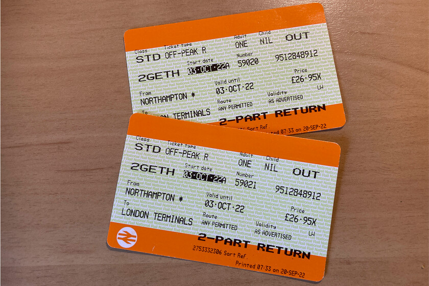 Tickets, Northampton-London Euston 
 The outward tickets for our off-peak return journey from Northampton to Euston. We used contactless to make the relatively short trip from St. Pancras to Stratford International. At the time of writing I have not been able to see how much TfL have charged us for this journey! 
 Keywords: Tickets Northampton-London Euston