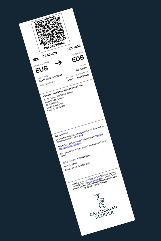 E-ticket, London-Euston-Edinburgh Waverley sleeper 
 At 95 each, the single fare from Euston to Edinburgh on the sleeper was just about acceptable. With Andy and I having a 'classic room' with an upper and lower bunk this was the cheapest option, apart form the comfort seats. When booking directly with CS, the only option was to use the e-ticketing method, I suspect that within a few years, this will be the way all operators will go. 
 Keywords: E-ticket London-Euston-Edinburgh Waverley sleeper