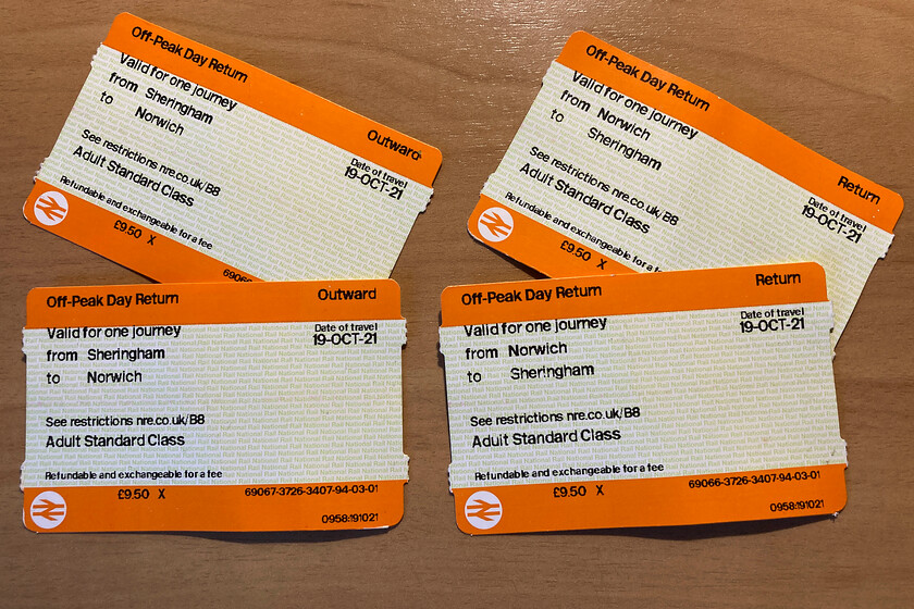 Tickets, Sheringham-Norwich-Sheringham 
 Our return tickets from Sheringham to Norwich. Unfortunately, we could benefit from our two-together discount as I had left my 'phone behind when we left the caravan in the morning! As I had opted for the online version of the card with it being contained within the app. on my 'phone I could offer no proof to the guard. Apart from this slight irritant it did of course mean that my steps were not being counted throughout our visit to Norwich necessitating a power walk on our return in the late afternoon in order to make the magic ten thousand! 
 Keywords: Tickets Sheringham-Norwich-Sheringham