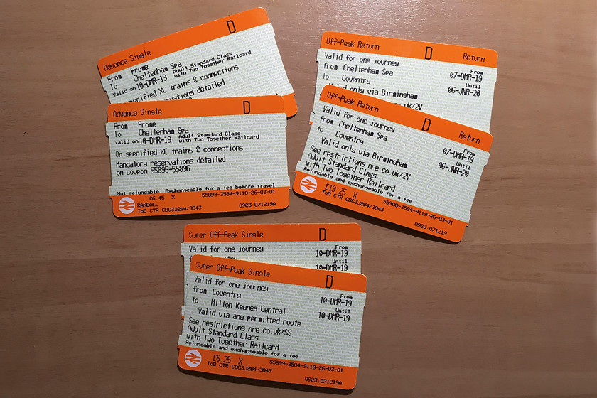 Tickets, Frome-Milton Keynes Central 
 Our return tickets from Frome to Milton Keynes. The fare was marginally cheaper than the outward journey at eighteen pence per mile. Notice that the split ticketing has generated three types of ticket, an advanced single, an off-peak return and a saver off-peak return. This situation only further proves what a totally crazy ticketing system we have on the UK network that, despite many high profile reviews, have never actually been simplified. 
 Keywords: Tickets Frome-Milton Keynes Central