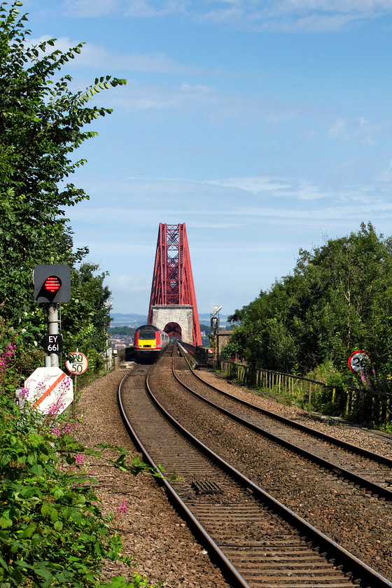 43308, GR 07.08 Leeds-Aberdeen (1W03, 7L), Dalmeny station 
 Taken from the platform end at Dalmeny station 43308 'Highland Chieftain powers the rear of the 07.08 Leeds to Aberdeen LNER service. The train is just commencing the crossing of the Firth of Forth over the famous bridge, one of the most impressive and instantly recognisable structures on the UK railway network. 
 Keywords: 43308 07.08 Leeds-Aberdeen 1W03 Dalmeny station