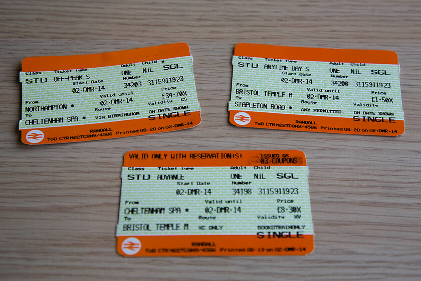 Tickets, Northampton-Stapleton Road (note, missed connection Bristol Temple Meads-Stapleton Road) 
 Andy and I bought a set of advanced singles from Northampton to Stapleton Road (Bristol) using split ticketing and loading our two together discount. As can be seen, our preferred destination was Stapleton Road but due to our late-running inbound service from Gloucester, we had to abandon that leg of the trip in favour of a rather pricy taxi ride! 
 Keywords: Tickets Northampton-Stapleton Road Bristol Temple Meads-Stapleton Road