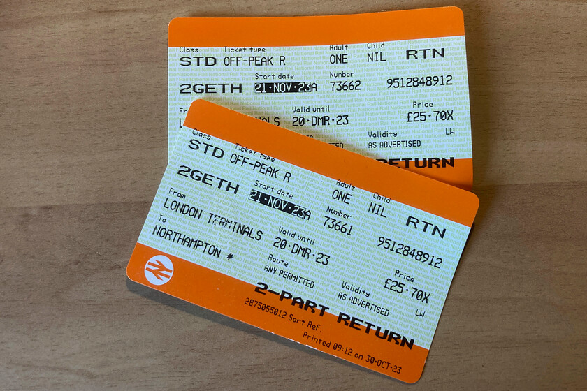 Tickets, London Euston-Northampton 
 Our off-peak return tickets from Euston to Northampton. 50 for the pair of us to and from London is still pretty good value but this is with our two-together discount loaded. 
 Keywords: Tickets London Euston-Northampton