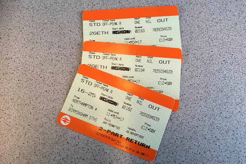 Tickets, Northampton-Birmingham New Street 
 Over 36 seems a little pricy for the outward leg of the journey bearing in mind they were off-peak singles?