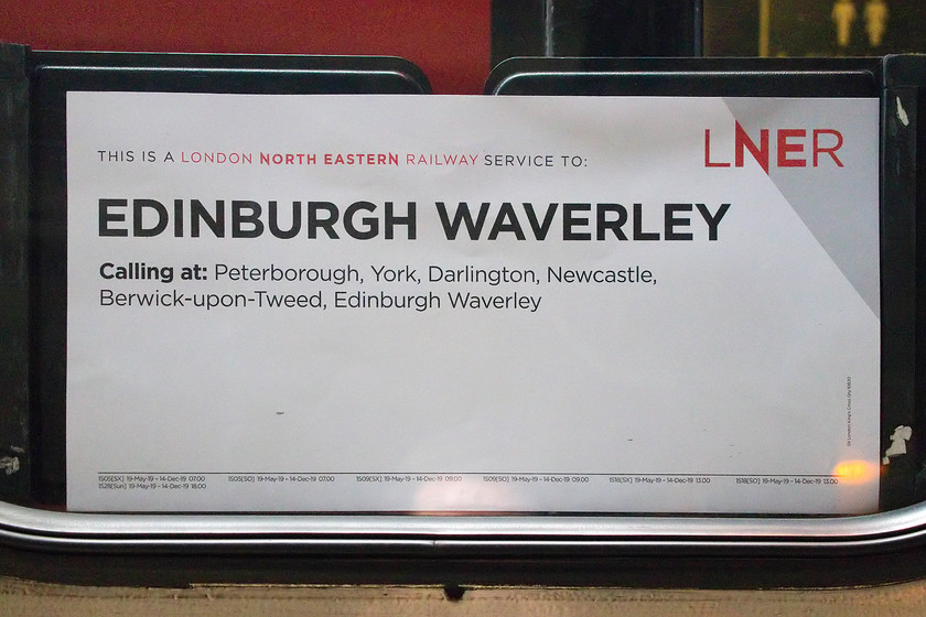 Destination card, 09.00 London King`s Cross-Edinburgh (1S09, 1L), York station 
 These paper destination cards have been a feature of the Mk. IV coaches and have been in use on the ECML since the stock's introduction in 1989. Despite having a number of refurbishments in their thirty-year life, the coaches still have no matrix passenger information screens either on the outside or the inside of the stock. When they are withdrawn from the ECML it will be interesting to see if their new operators (there could be two who will make use of this excellent stock) continue to this somewhat archaic but perfectly effective way of informing passengers. This particular destination card was in the window of the 09.00 King's Cross the Edinburgh photographed during its pause at York station. 
 Keywords: Destination card 09.00 London King`s Cross-Edinburgh 1S09 York station