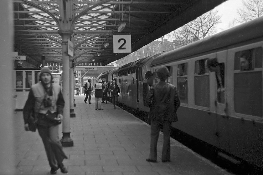 40113 & 40144, outward leg of The Crewe Campaigner Relief, 07.35 London Paddington-Crewe, (1Z68), Wellington station 
 All action on Wellington station's platform two! With the stewards probably shouting at me and the other stragglers to "get back on the bl**dy train" The Crewe Campaigner Relief will be only seconds from departing. It is about to complete the last leg of its journey to Crewe via Shrewsbury with 40113 and 40144 doing the work up at the front. 
 Keywords: 40113 40144 outward leg of The Crewe Campaigner Relief 07.35 London Paddington-Crewe 1Z68 Wellington station