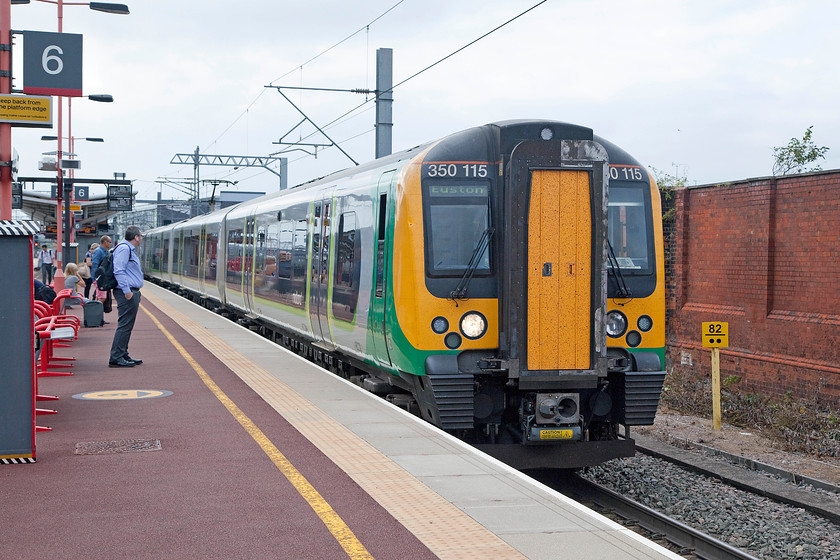 350115, LM 15.54 Birmingham New Street-London Euston (2Y16), Rugby station 
 The third and final leg of my journey home returning from Shrewsbury arrives at Rugby station's platform six. London Midland's 350115 is working the 15.54 Birmingham New Street to Euston that I took as far as Northampton. 
 Keywords: 350115 15.54 Birmingham New Street-London Euston 2Y16 Rugby station