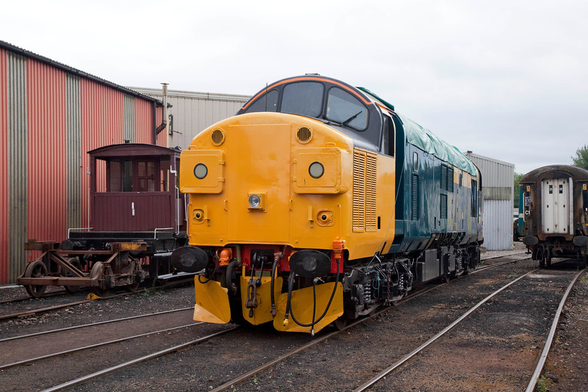 37108, on-dispaly, Crewe Heritage Centre 
 37108 was delivered new in December 1963 to Darnell, Sheffield. It remained an engine of Northern England before going to ScotRail where I travelled behind it on my Scottish Railrover in 1984. It became a Transrail locomotive before EWS took possession and promptly condemned it in December 1999. It was saved and has undergone an extensive restoration and looks superb complete with its mini snowploughs seen here at the Crewe Heritage Centre. 
 Keywords: 37108 Crewe Heritage Centre