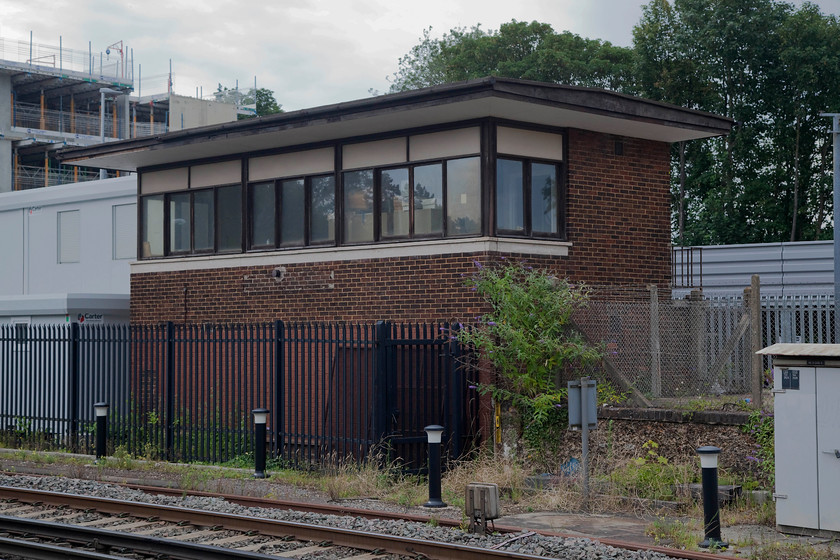 Winchester signal box (BR, 1960) 
 The closed Winchester signal box that is situated just to the north of the station. The BR standard design box was opened in 1960 but only had a working life of a mere six years being closed when the Eastleigh PSB opened in 1966. Is this the shortest operational life of any new-build signal box? 
 Keywords: Winchester signal box