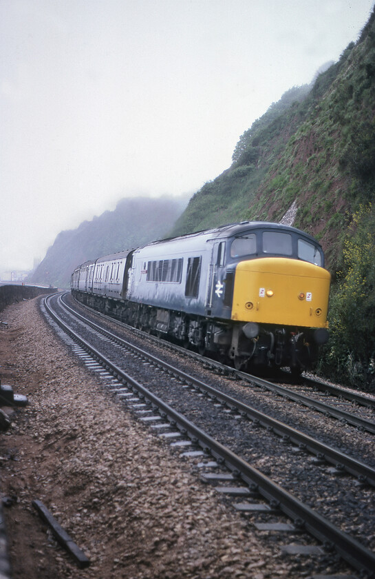 45045, 10.20 Paignton-Manchester Piccadilly (1E72), Teignmouth sea wall 
 Looking relatively smart 45045 'Coldstream Guardsman' leads the 10.20 Paignton to Manchester 1E72 service along the sea wall near Teignmouth. As can be seen, the weather was particularly poor on the penultimate day of May with a heavy haar enveloping the coastal strip of South Devon. 
 Keywords: 45045 10.20 Paignton-Manchester Piccadilly 1E72 Teignmouth sea wall Coldstream Guardsman