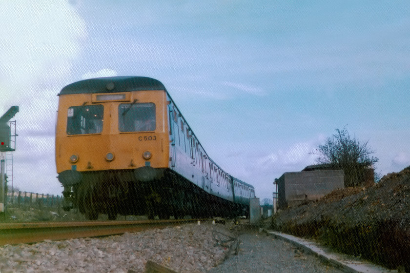 C503, unidentified down working, Bathampton Junction 
 There is no possibility that a shot like this could be taken today, access to such spots in 1977 was far easier and tolerated then. I shudder now to think that my friend and I could be in such an exposed position taking pictures, but it was a different time then I suppose? Another of my trademark very low angle shots at Bathampton Junction showing one of the very successful Swindon built Class 120 dmus. These units were built for fast regional routes across the Western Region but by the early 1980s most had moved north to the Midlands to replace their more decrepit units. C503 was a Cardiff based unit and could well have been returning to the principality on this working that would have originated from either Portsmouth or, more likely, Weymouth. If it was in its set formation C503 should have been composed of W50659, W59281 and W50700. 
 Keywords: Class 120 DMU C503 Bathampton Junction W50659 W59281 W50700