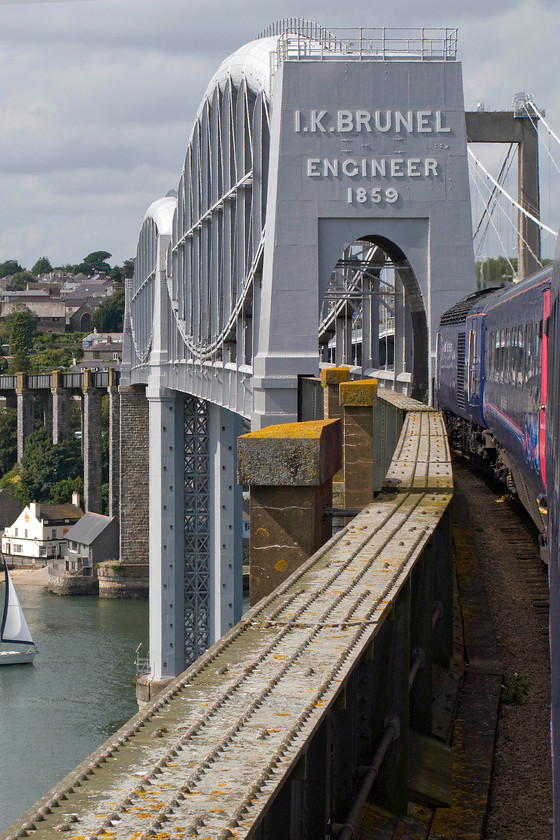 43133, GW 10.06 London Paddington-Penzance, `The Cornish Riviera` (1C77), Royal Albert bridge 
 A closer view of the Royal Albert bridge as our train is about to pass on to the first of its two grand spans. Just behind is the grand Brunelian structure is one of the towers of the far from elegant 1962 Saltash road bridge. 
 Keywords: 43133 10.06 London Paddington-Penzance, `The Cornish Riviera` 1C77 Royal Albert bridge