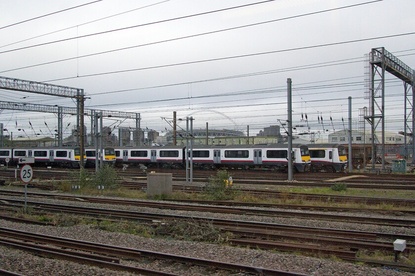 Class 321s, stored, Wembley Yard 
 Four former Great Eastern Class 321s are still to be seen in warm storage taking up lots of space in Wembley Yard. I am not sure of the numbers with them being unreadable as we pass at speed on a Desiro. I have also yet to discover why they are in storage and why they have not gone for scrapping like many of their contemporaries. 
 Keywords: Class 321 stored Wembley Yard Dust Bins Great Eastern