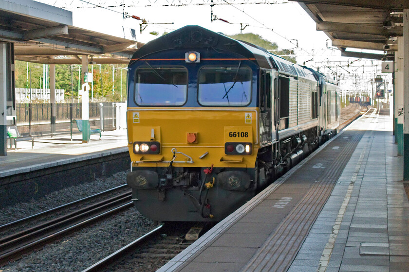 66108 & 68016, 06.38 Crewe Gresty Bridge-Willesden Yard (0A68, 7E), Bletchley station 
 A total 'grab-shot' that is badly exposed and composed for that matter but it is one that I have included due to it being of 66108 that I have no other photographs of! It is seen leading 68016 'Fearless' through Bletchley station as the regular Saturday morning 0A68 06.38 Crewe Gresty Bridge to Willesden Yard loco. swap. The Class 68 is being returned to the London area to take up duties the following week on the Chiltern line with one returning north later in the afternoon for maintenance and exams. This move is about to come to end as it is reported that Chiltern is about to get rid of its locomotive hauled services in the next few weeks....we'll see! 
 Keywords: 66108 68016 06.38 Crewe Gresty Bridge-Willesden Yard 0A68 Bletchley station Fearless