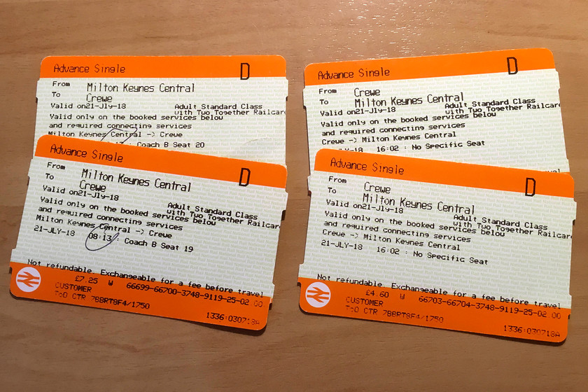 Tickets, Milton Keynes Central-Crewe-Milton Keynes Central 
 The return journey from Milton Keynes to Crewe for the two of us was just under 24. Not bad value I suppose but in the past I have done this journey using certain advanced train services at a real bargain bucket price!