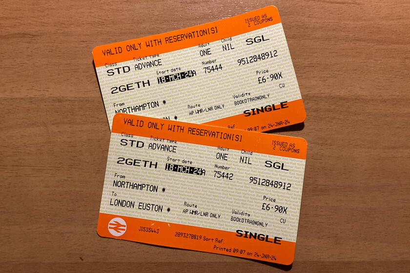 Tickets, Northampton-London Euston 
 Our outward tickets from Northampton Euston. For this particular journey, it was cheaper to buy advanced singles meaning that we had to travel on specific services. 
 Keywords: Tickets Northampton-London Euston