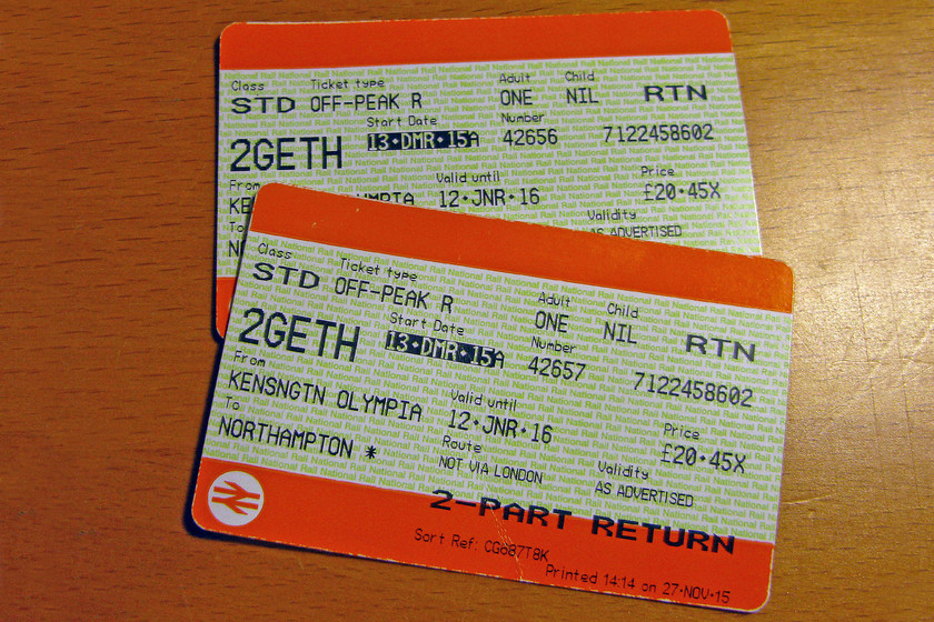 Tickets, Kensington Olympia-Northampton 
 Our return tickets from Kensington Olympia to Northampton. With our two-together discount loaded they were were not bad value at just over 20 each. 
 Keywords: Tickets Kensington Olympia-Northampton