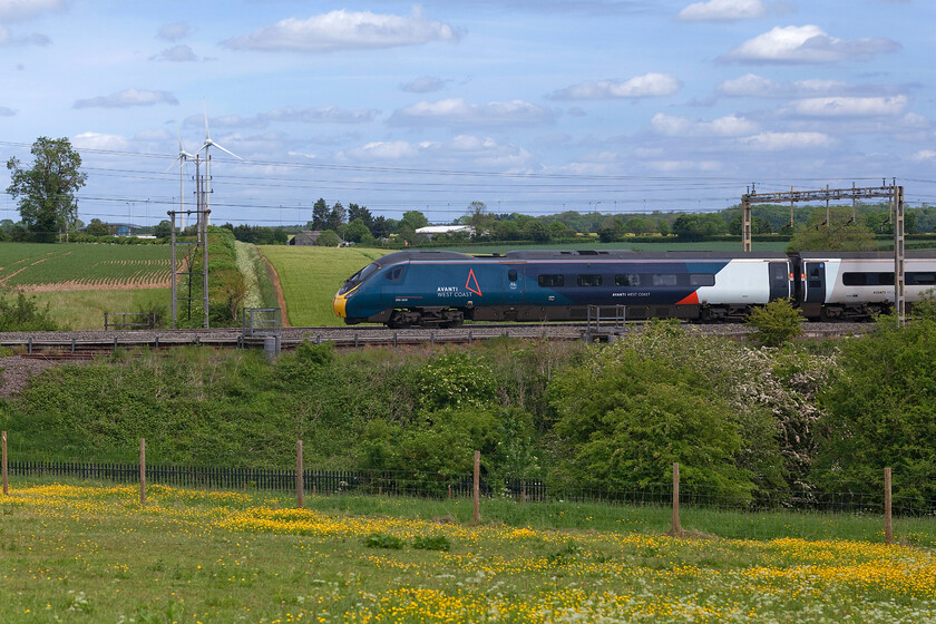 390009, VT 13.03 London Euston-Liverpool Lime Street (1F15, 1L), Roade Hill 
 390009 works the 13.03 Euston to Liverpool Lime Street Avanti service past a field of buttercups (Ranunculus acris) between Roade and Ashton on a late spring day. The fields in the background are those that I walk regularly as I live in a house fronting one of them just out of sight to the left. 
 Keywords: 390009 13.03 London Euston-Liverpool Lime Street 1F15 Roade Hill Avanti West Coast Pendolino