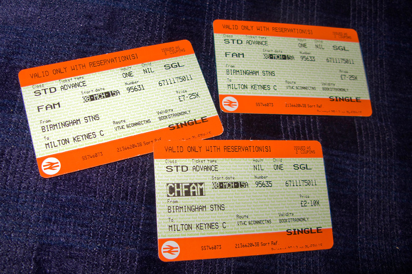 Tickets, Birmingham New Street-Milton Keynes Central 
 The return tickets from New Street to Milton Keynes were a fair bit more than the outward ones from yesterday. However, at nearly 17 it still could not have been done any cheaper by an alternative method of transport I suspect. 
 Keywords: Tickets Birmingham New Street-Milton Keynes Central