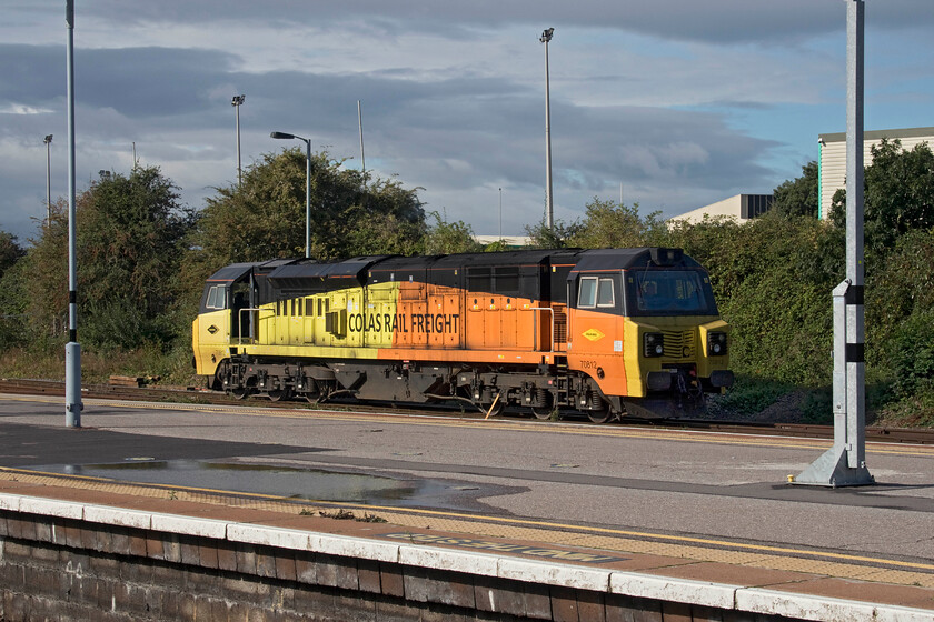 70812, running round, Westbury station 
 Westbury has become a bit of a centre for Class 70 operations with plenty members of the class found around the station and the yard slightly to the west. 70812 has just run up from the yard and is about to return again to join the front of an infrastructure train that it will work later in the morning. 
 Keywords: 70812 Westbury station Colas Railfreight