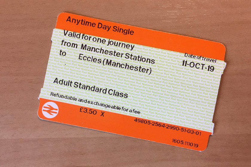 Ticket, Manchester Victoria-Eccles 
 This is the very expensive platform ticket that I bought in order to get on to the platforms at Manchester Victoria station! Luckily, I was able to then use my Metrolink zones one and two travel card to return to the city from Eccles. Given the heightened security measure in place following on from the stabbings in the Arndale centre earlier in the morning, there was absolutely no way I was going to be permitted access through the gate line so I did not even bother to ask! 
 Keywords: Ticket Manchester Victoria-Eccles