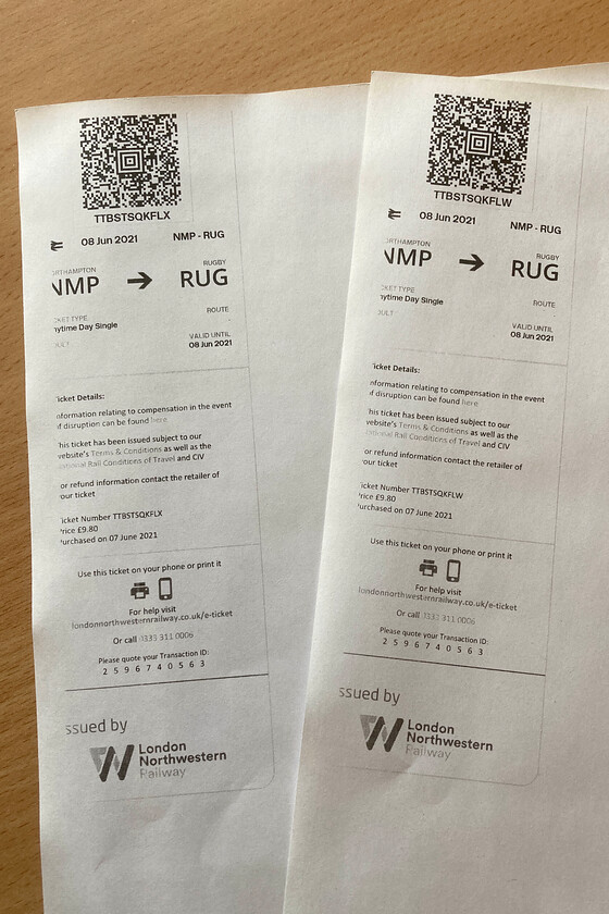 Tickets, Northampton-Rugby 
 Andy and I had to purchase a pair of anytime day singles at 9.80 each in order to get ourselves to Rugby from Northampton prior to our West Midlands day Ranger tickets becoming valid at 09.30. This would normally happen at 09.00 but as we bought the Day Rangers with a Two-Together railcard discount this changed to 09.30. For a nineteen mile journey, this was particularly expensive at 52p/mile! 
 Keywords: Tickets Northampton-Rugby