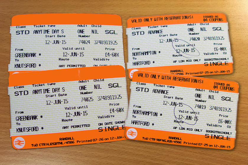 Tickets, Northampton-Knutsford 
 Our tickets from Northampton to Knutsford. The Northampton to Hartford leg was composed of two good value advanced singles at 6 each. The second leg from Greenbank to Knutsford was a pair of anytime singles at 4.60 each making this leg relatively much more expensive. 
 Keywords: Tickets Northampton-Knutsford