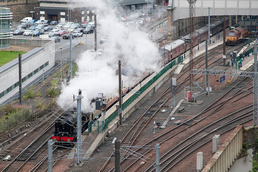 46100, outward leg of ScotRail Border`s Railway steam special, Edinburgh Waverley-Tweedbank (1Z22), top of Jacob s Ladder 
 Throughout the summer, ScotRail have been operating regular steam excursion up and down the newly re-opened Border's Railway. These have proved to be incredibly successful both with locals and tourists alike. Taken from the top of Jacob's Ladder, the 1Z22 09.46 to Tweedbank is seen easing out of Edinburgh Waverley with class 7P 4-6-0 46100 'Royal Scot' leading. Out of sight on the rear is a class 67 that will haul the train back from Tweedbank later in the morning. 
 Keywords: 46100 ScotRail Border's Railway steam special Edinburgh Waverley-Tweedbank 1Z22 top of Jacob's Ladder