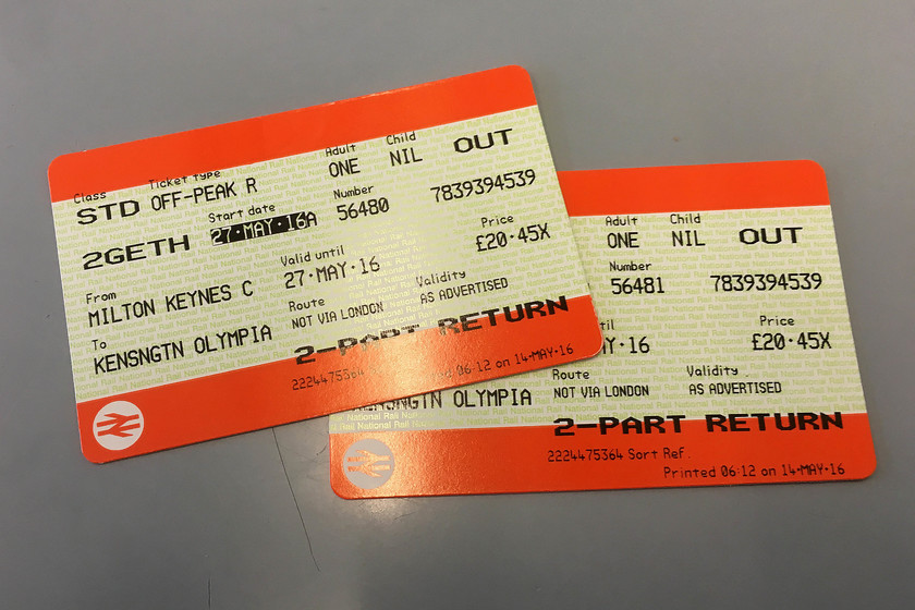 Tickets, Milton Keynes Central-Kensington Olympia 
 Our outward tickets from Milton Keynes to Kensington Olympia. 40 return is not bad for the par of us I suppose given that we are getting into Central London very near to our hotel on Hammersmith Road.