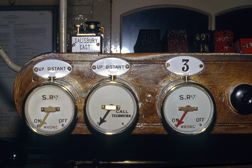 Signal indicators, Salisbury West signal box 
 A close-up of three signal indicators inside Salisbury West signal box. It appears that in the best traditions of signalling, that the Braso has been out judging by the shine on the equipment seen here. Having opened in 1902 this box was to close just a week after this photograph was taken. I really hope that the equipment seen here and the rest of it for that matter was not simply ripped out and put in a skip. 
 Keywords: Signal indicators Salisbury West signal box L&SWR London and South Western Railway