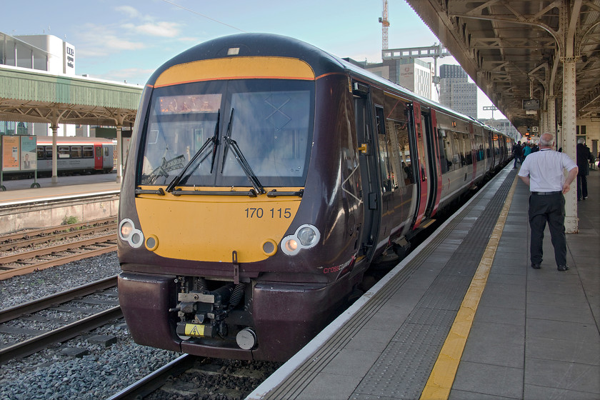 170115, XC 07.04 Nottingham-Cardiff Central (1V04, 4L), Cardiff Central station 
 From Birmingham New Street to Cardiff I travelled on 170115 working the 07.04 from Nottingham. On boarding the train at New Street it was absolutely packed to the gunwales and I was not looking forward to the journey. However, quite bizarrely, at the next stop, University, it virtually emptied out leaving just a handful of passengers, a situation that prevailed all the way to Cardiff. The seats on class 170s are comfortable and the ride is acceptable, the only issue is the noise from the engines under the passenger cabin, however, by moving to another seat further down the carriage this problem was largely ameliorated. 
 Keywords: 170115 07.04 Nottingham-Cardiff Central 1V04 Cardiff Central station