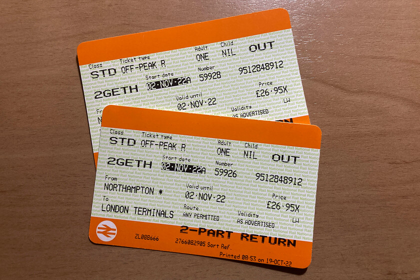 Tickets, Northampton-London Euston 
 Our outward off-peak return tickets reveal a fare of 29.95 (after a two-together discount) meaning under 15 each for each single journey. This equates to a cost of 23 pence per mile that is pretty good value when one considers this is taking you right into the centre of London. 
 Keywords: Tickets Northampton-London Euston