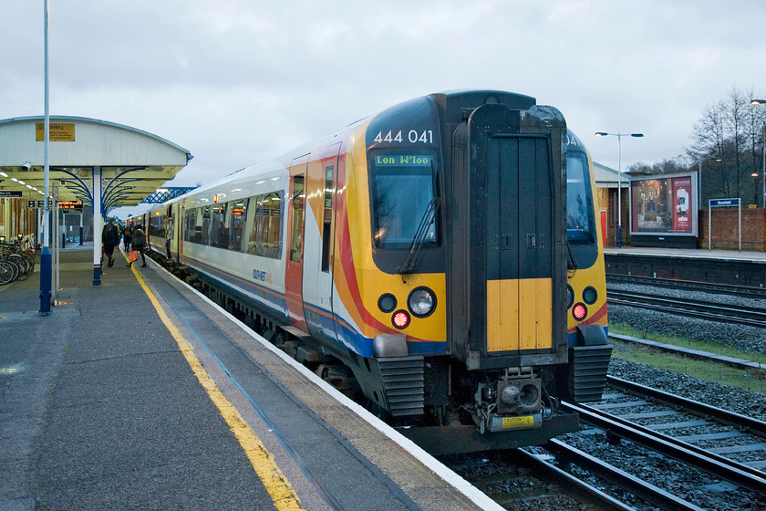 444041, SW 15.54 Basingstoke-London Waterloo (2L54), Winchfield station 
 Another variant of the Desiro family of trains is the Class 444 introduced during 2004. 444041 is one of forty-five sets constructed by Siemens Mobility's Vienna factory. It is seen here at Winchfield station working the 15.54 Basingstoke to Waterloo service. By now it has gone 15.30 and as its the shortest day of the year the station lights are all on and it's getting dark fast! 
 Keywords: 444041 SW 15.54 Basingstoke-London Waterloo 2L54 Winchfield station South West Trains Desiro