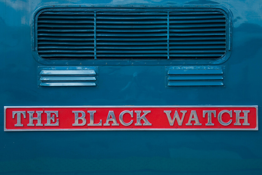 Nameplate, 55009 (55013), outward leg of The Coronation Deltic, 07.52 London King's Cross-Scarborough (1Z55, 8L), Scarborough station 
 A very smart reproduction nameplate attached to the side of 55009 Alycidon' at Scarborough station. The DPS' Deltic has just arrived with The Coronation Deltic charter from King's Cross having had its identity altered in favour 55013 'The Black Watch'. The work that The Deltic Preservation Society have done to 55009 is quite extraordinary and must not be underestimated and as for the cost of repairs following the catastrophic failure whilst on railtour duties in 2019 that's another story! 
 Keywords: Nameplate 55009 55013 The Coronation Deltic, 07.52 London King's Cross-Scarborough 1Z55 Scarborough station The Back Watch Alycidon