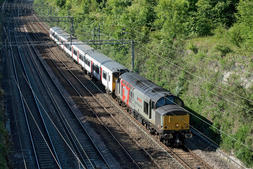 37800 & 317883, 11.38 Kilmarnock Bonnytown-Ilford EMUD (5Q50, 10E), Hyde Road bridge 
 37800 'Cassiopeia' tows Greater Anglia 317883 through Roade cutting from Hyde Road bridge. It is running as the 11.38 Kilmarnock (Wabtec) to Ilford 5Q50 that, as usual, was running very early. The ROG Class 37 worked north the previous evening. See .... https://www.ontheupfast.com/p/21936chg/29061996604/x37800-317340-16-16-ilford-emud-kilmarnock towing another unit to Kilmarnock for attention. It is activity such as this that keeps these vintage but highly versatile Class 37s in operation despite them being well over fifty years old - rather like myself! 
 Keywords: 37800 317883 11.38 Kilmarnock Bonnytown-Ilford EMUD 5Q50 Hyde Road bridge Cassiopeia ROG Rail Operations Group