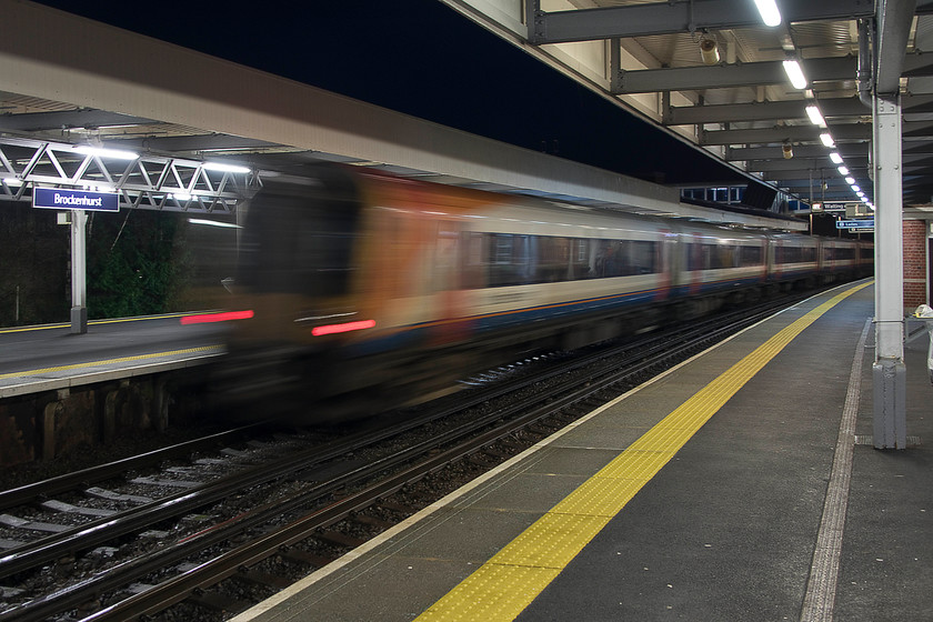 Class 444, SW 15.20 Weymouth-London Waterloo (1W66, 19L), Brockenhurst station 
 At Brockenhurst station in the middle of the New Forest, a Class 444 leaves with the 15.20 Weymouth to Waterloo service. I like images such as this taken at night that convey a completely different atmosphere. 
 Keywords: Class 444 15.20 Weymouth-London Waterloo 1W66 Brockenhurst station South Western Railway SWR