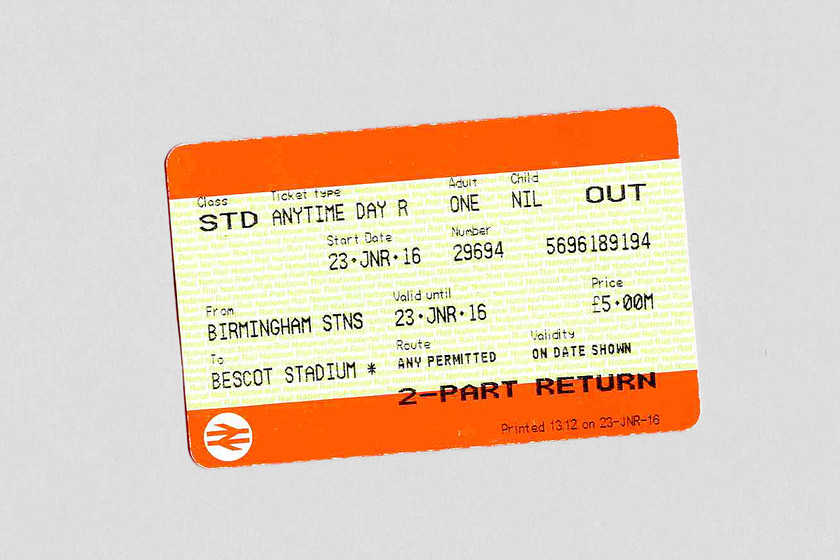 Ticket, Birmingham New Street-Bescot Stadium (return ticket lost) 
 Unfortunately, I lost my return ticket for my journey following my trip to Bescot Stadium.