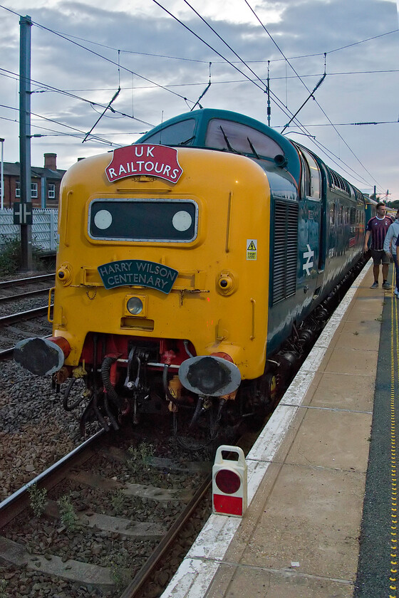 55009 (55013), the return leg of The Coronation Deltic, 17.10 Scarborough-London King's Cross (terminated at Finsbury Park) (1Z56, 71L), Retford station 
 Oh. dear, all is quiet at Retford! Due to a major electrical issue with ETH leads everything in the Deltic had shut down without even any internal lights so the crew could see what was going on inside. A decision was made to summon WCR's Thunderbird from Newark so that we could get on our way. In the meantime, using the lights from their mobile 'phones, DPS engineers managed to shorten and fabricate a new connection for the errant cable, reset the breakers and get both engines started thus indicating that the failure was not too serious. However, it was not deemed to be a reliable fix and as the Thunderbird was already on its way it was decided to continue south as rearranged. After about forty-five minutes the Thunderbird arrived and was attached to the front and we were on our way again. 
 Keywords: 55009 55013 The Coronation Deltic 17.10 Scarborough-London King's Cross terminated at Finsbury Park1Z56 Retford station The Black Watch Alycidon