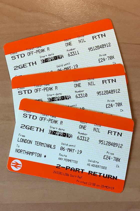 Tickets, London Euston-Northampton 
 Our return O/P tickets from Euston to Northampton. As I have previously stated, this was an expensive trip for the tree of us at 75. This when one remembers that this price included railcard discounts! 
 Keywords: Tickets London Euston-Northampton