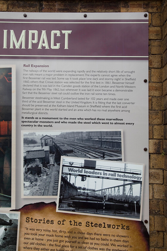 Heritage display featuring Derwent Haematite Iron Works signal box, Workington station 
 The down platform at Workington features some large displays covering the history and heritage of the railways and the famous former steelworks. One of the displays included this photograph showing Derwent Haematite Iron Works signal box. This was a box that 'got away' during my 1985 visit having been closed and partially demolished just weeks before. When I get around to scanning and uploading the images from this visit I will put a link to it here. 
 Keywords: Heritage display featuring Derwent Hematite Iron Works signal box Workington station