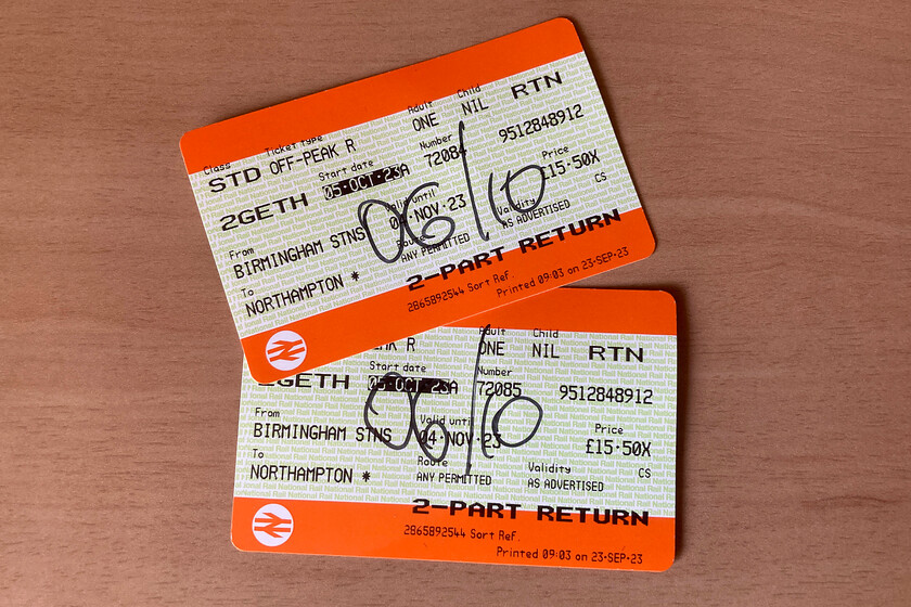 Tickets, Birmingham New Street-Northampton 
 Our return tickets from Birmingham to Northampton. Bought in advance and with a two-together discount the fare for both of us was good value at 15 return proving that with a little pre-planning and thought reasonable value train fares are still out there to be had. 
 Keywords: Tickets Birmingham New Street-Northampton