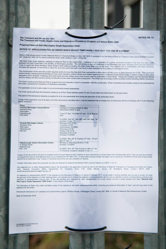 Planning notice for construction of dive under, Marholm TF154036 
 A planning notice attached to the footbridge at Marholm. It is outlining works that Network Rail wanted to carry out with relation to the construction of a dive-under and various other alternations to the track that would affect the general public.