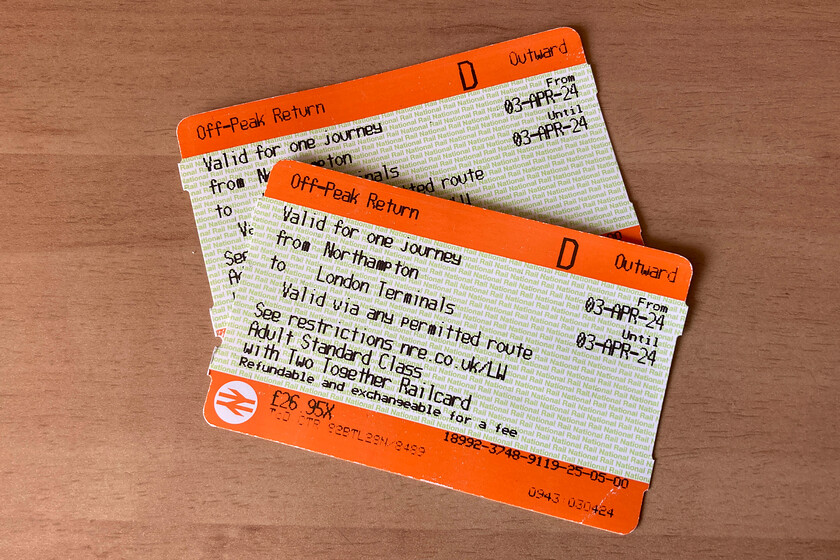 Tickets, Northampton (Wellingborough)-London Euston (St. Pancras) 
 Our tickets from Northampton to Euston ended up being from Welingborpugh to St. Pancras. Due to the total closure of the WCML south of Northampton EMR was accepting LNR ticket holders under the Mutual Ticket Acceptance arrangements, not they were actually checked either on-board or on arrival at St. Pancras where we were waved through the barriers. 
 Keywords: Tickets Northampton Wellingborough London Euston St. Pancras